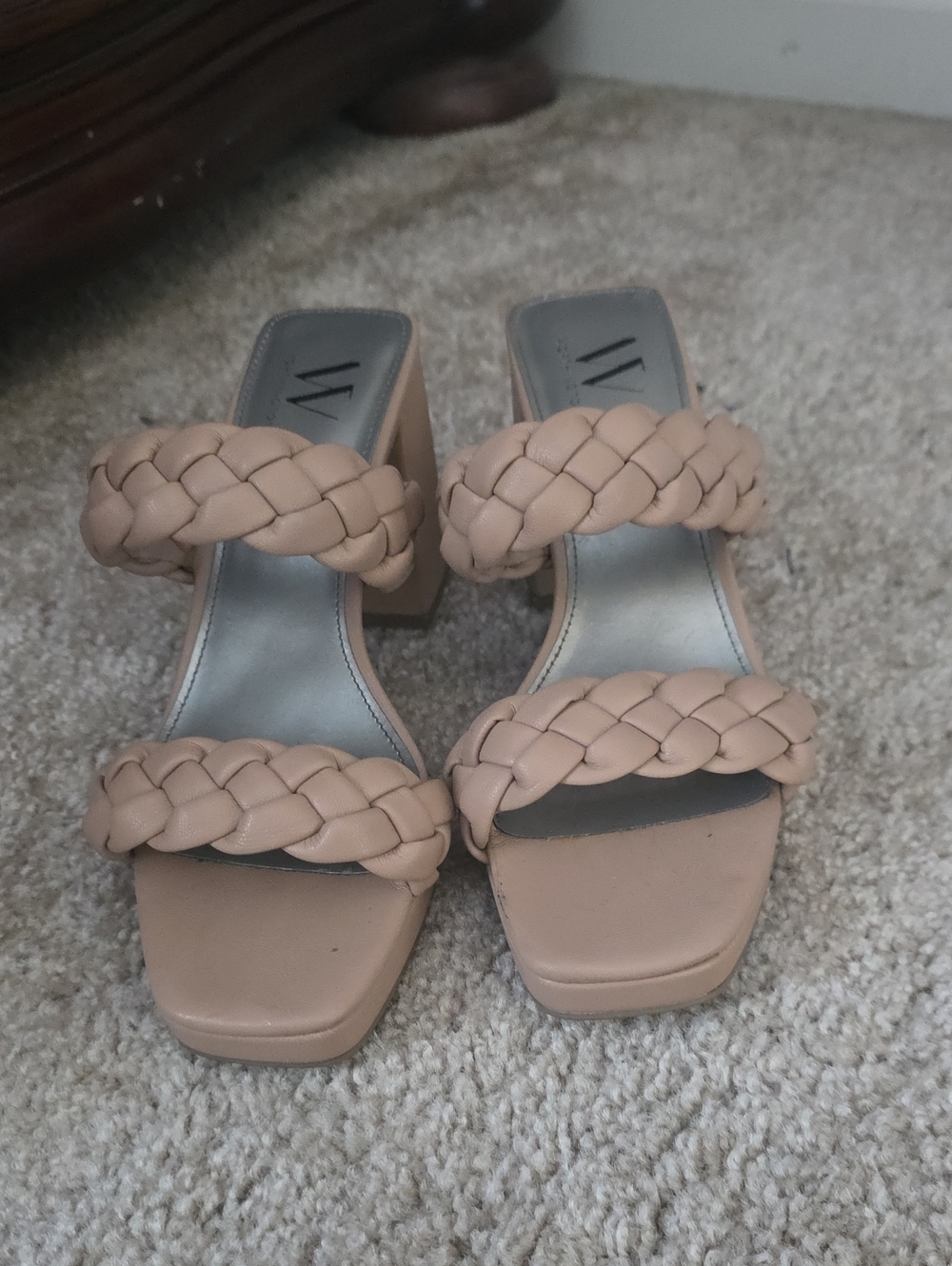Braided Double-Strap Block Heel Mules - Nude